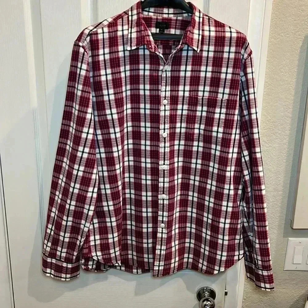 EUC J. Crew Shirt Mens XL Red White Blue Plaid Black Label Long Sleeve Button Up
